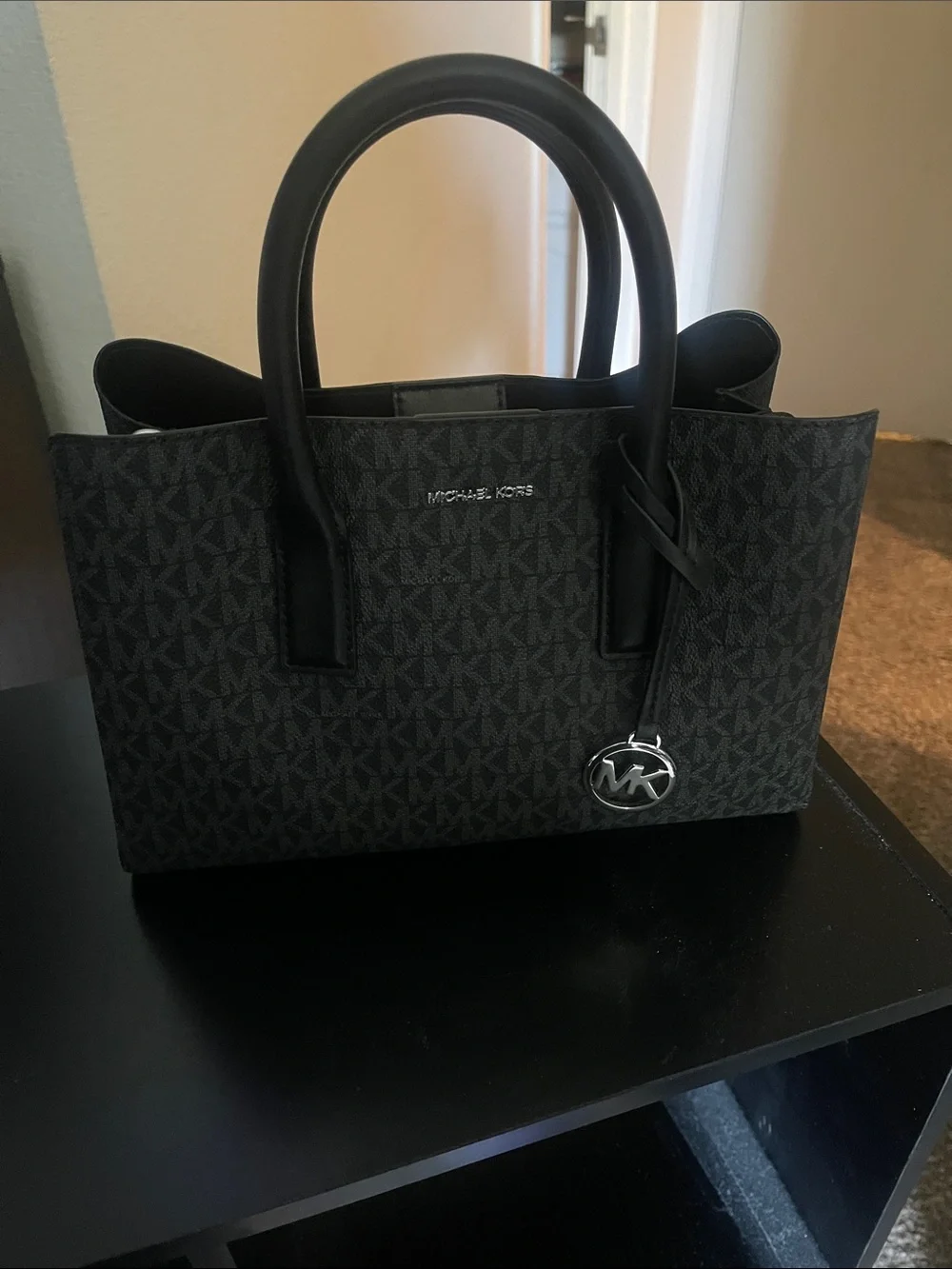 Michael Kors Black Signature Logo Tote with MK Charm